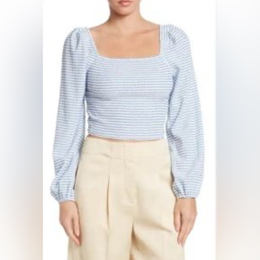 Sophie Rue Blue and White Striped Smocked Puff Sleeve Long Sleeve Top Size Mediu